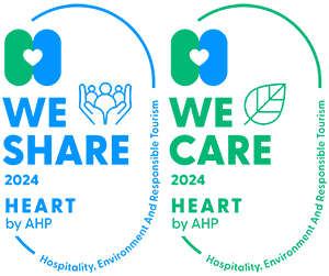 Siegel &ldquo;WE SHARE&rdquo; und &ldquo;WE CARE&rdquo; mit Herzen und Text &ldquo;Heart by AHP&rdquo; 2024/2024